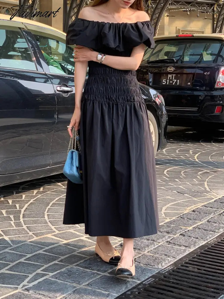 Chic Vintage French Robe Temperament Off-shoulder Ruffled Edge Pleats Dress Short-sleeved Women Dresses for Women