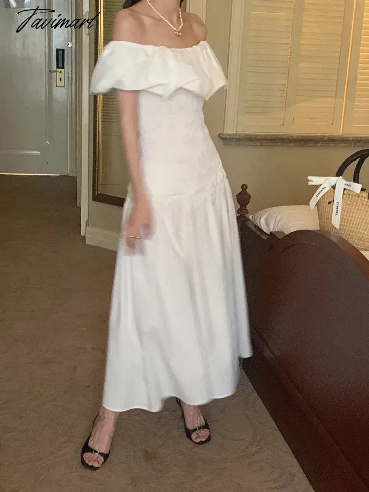 Chic Vintage French Robe Temperament Off-shoulder Ruffled Edge Pleats Dress Short-sleeved Women Dresses for Women