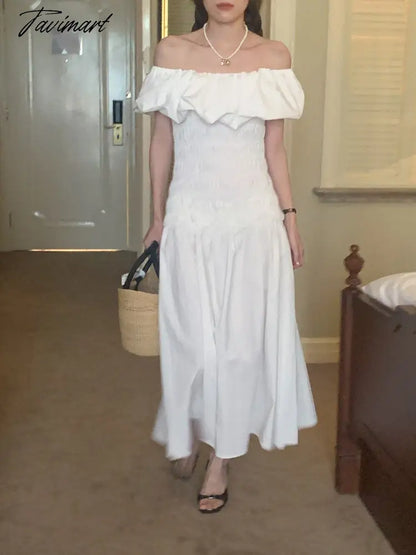 Chic Vintage French Robe Temperament Off-shoulder Ruffled Edge Pleats Dress Short-sleeved Women Dresses for Women
