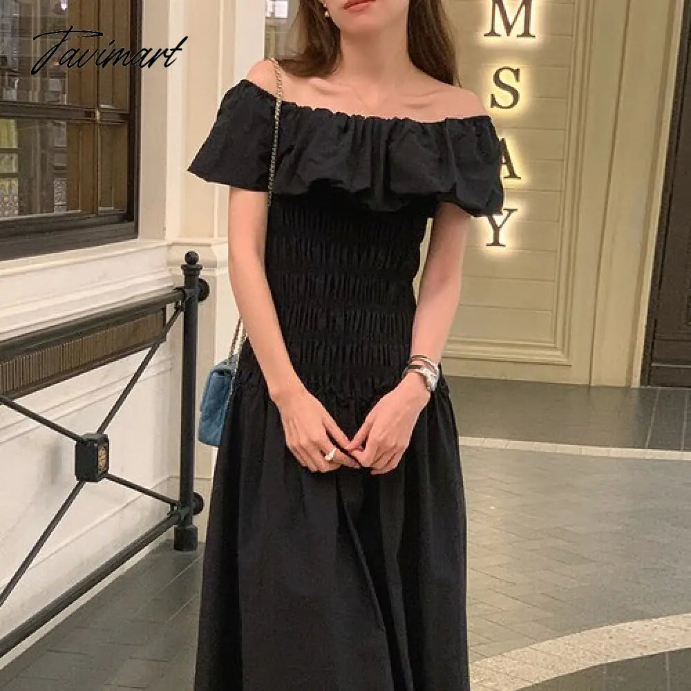 Chic Vintage French Robe Temperament Off-shoulder Ruffled Edge Pleats Dress Short-sleeved Women Dresses for Women