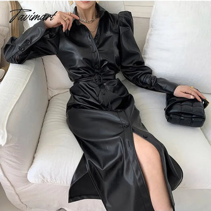 Chic Women Casual Lapel PU Leather Single Breasted Black Midi Dress Belted OL Korean Puff Full Sleeve Female Vestido DS84