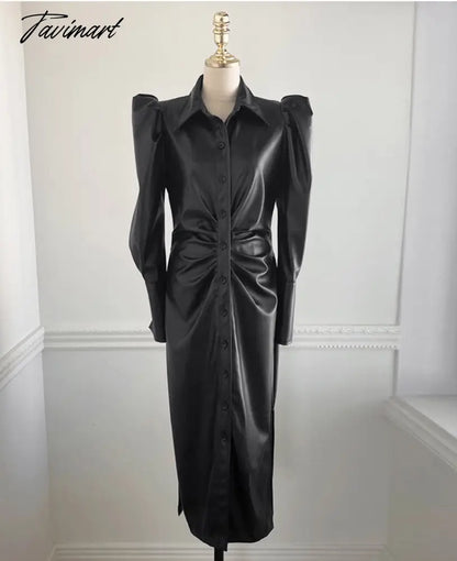 Chic Women Casual Lapel PU Leather Single Breasted Black Midi Dress Belted OL Korean Puff Full Sleeve Female Vestido DS84