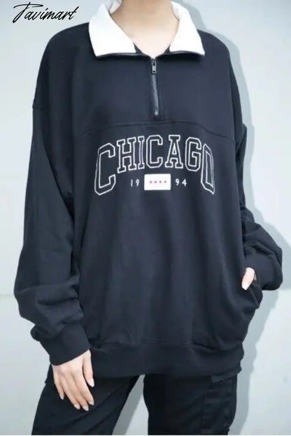 Chicago Sweatshirt Soft Oversize Embroidered Pullover Sweatshirt Women Teen Girl 90s Aesthetic Streetwear