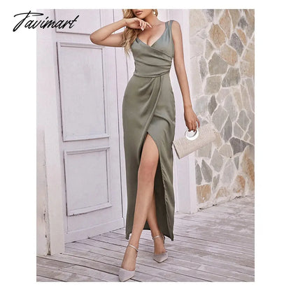 Chicme Women Spaghetti Strap Split Thigh Folds Party Dress New Femme Evening Solid V-Neck Skinny Midi Outfits Robe Clothing