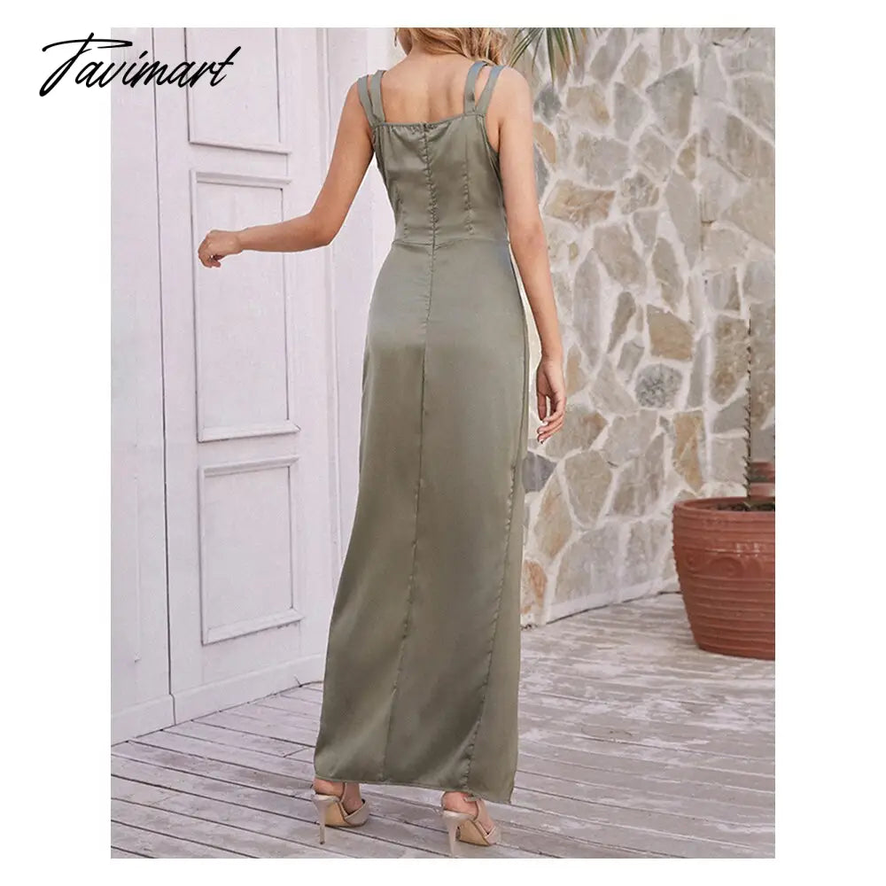 Chicme Women Spaghetti Strap Split Thigh Folds Party Dress New Femme Evening Solid V-Neck Skinny Midi Outfits Robe Clothing