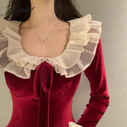 Christmas Elegant Party Mini Dress Women Hepburn Style Vintage Sweet Velvet Dress Female Flare Sleeve Fairy Red Dress Autumn New