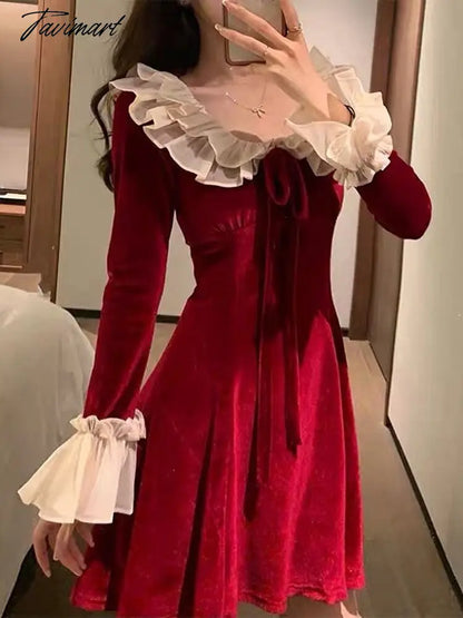 Christmas Elegant Party Mini Dress Women Hepburn Style Vintage Sweet Velvet Dress Female Flare Sleeve Fairy Red Dress Autumn New