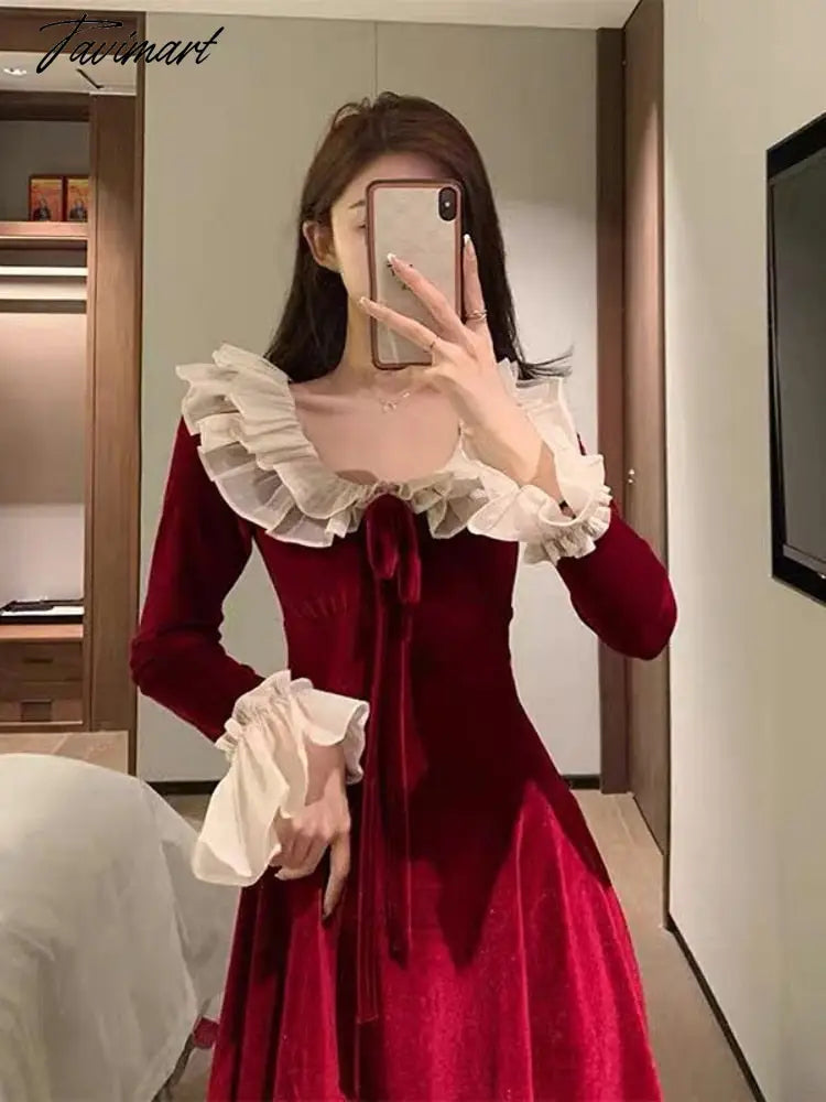 Christmas Elegant Party Mini Dress Women Hepburn Style Vintage Sweet Velvet Dress Female Flare Sleeve Fairy Red Dress Autumn New