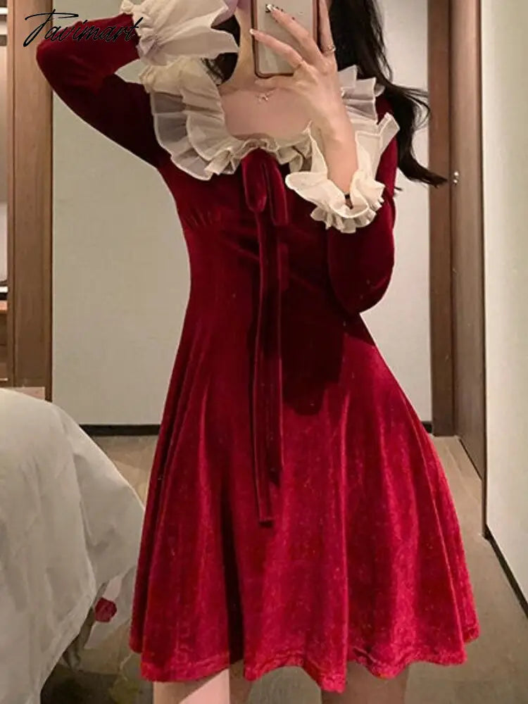 Christmas Elegant Party Mini Dress Women Hepburn Style Vintage Sweet Velvet Dress Female Flare Sleeve Fairy Red Dress Autumn New