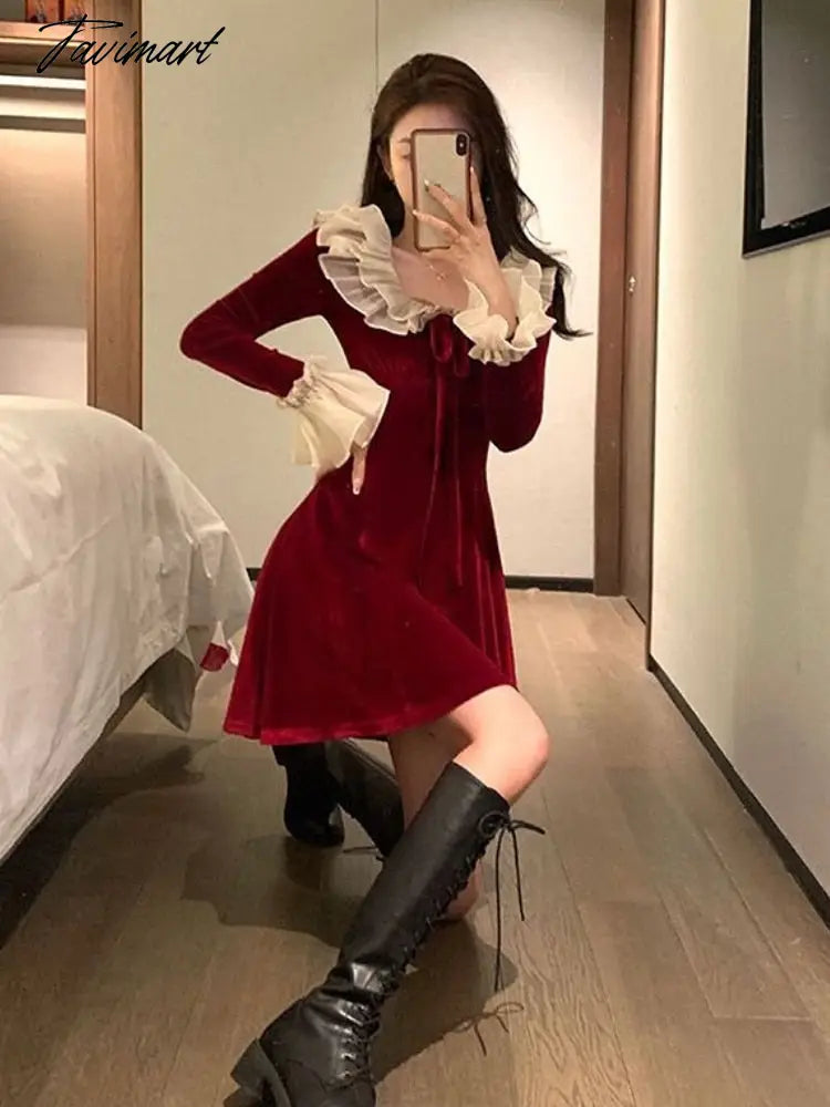Christmas Elegant Party Mini Dress Women Hepburn Style Vintage Sweet Velvet Dress Female Flare Sleeve Fairy Red Dress Autumn New