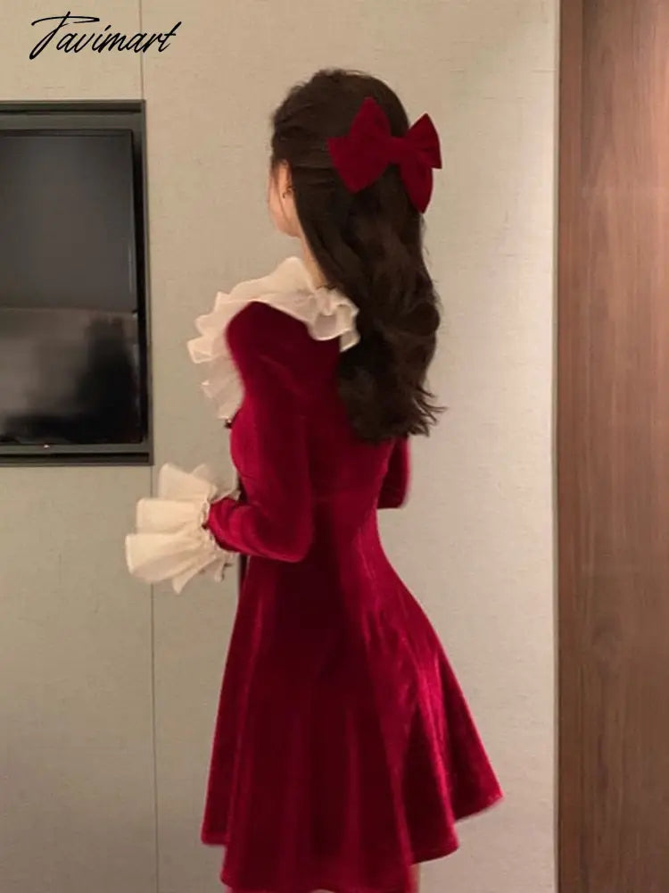 Christmas Elegant Party Mini Dress Women Hepburn Style Vintage Sweet Velvet Dress Female Flare Sleeve Fairy Red Dress Autumn New