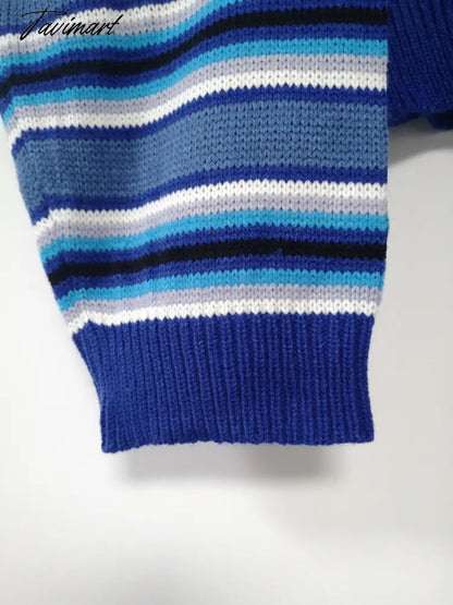 Clarissa Sweater Blue & White Striped Oversized Jumper Embroidered Mock Neck Cropped Pullovers Harajuku Women's Sweaters /