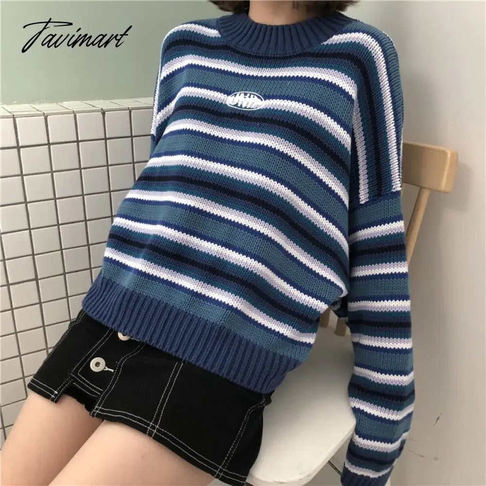 Clarissa Sweater Blue & White Striped Oversized Jumper Embroidered Mock Neck Cropped Pullovers Harajuku Women's Sweaters /