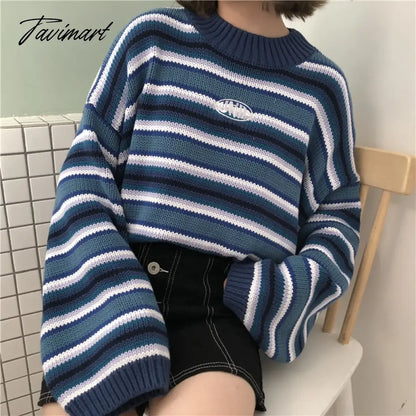 Clarissa Sweater Blue & White Striped Oversized Jumper Embroidered Mock Neck Cropped Pullovers Harajuku Women's Sweaters /