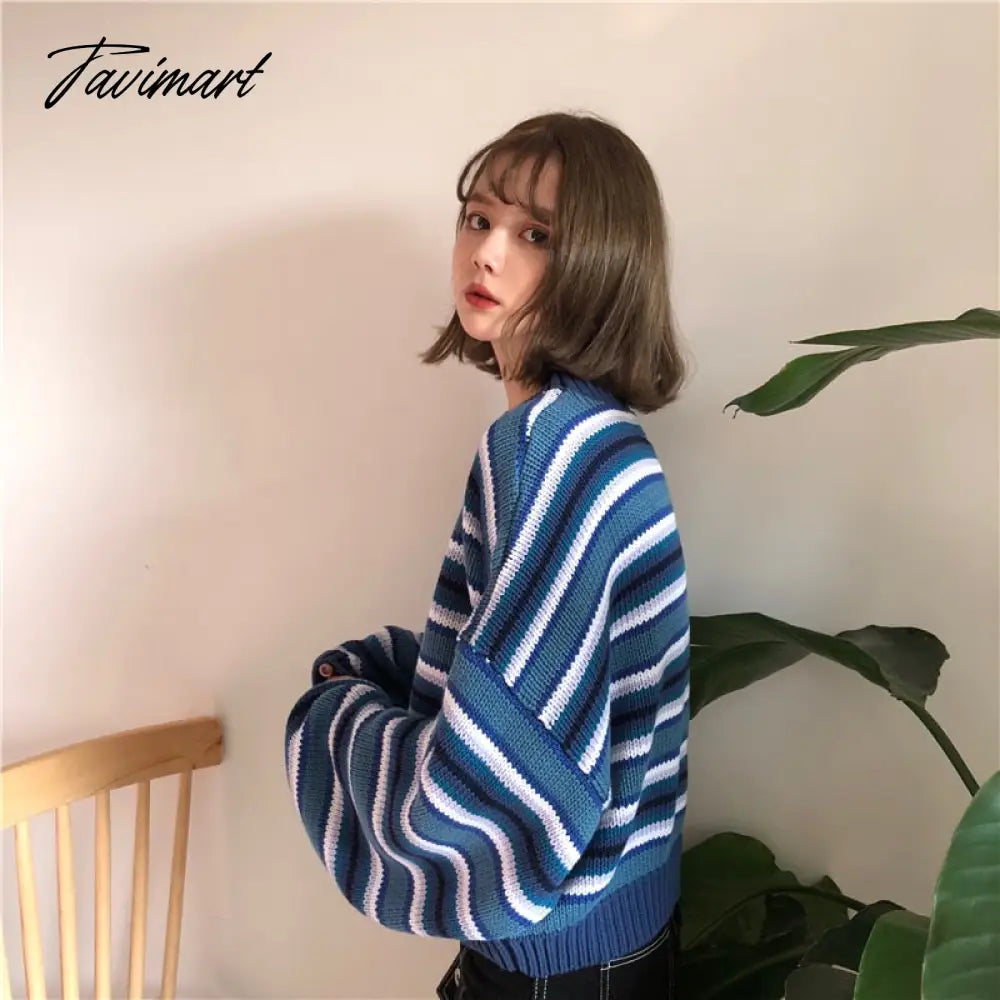 Clarissa Sweater Blue & White Striped Oversized Jumper Embroidered Mock Neck Cropped Pullovers Harajuku Women's Sweaters /