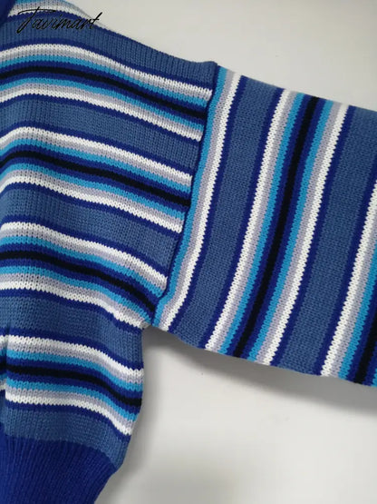 Clarissa Sweater Blue & White Striped Oversized Jumper Embroidered Mock Neck Cropped Pullovers Harajuku Women's Sweaters /