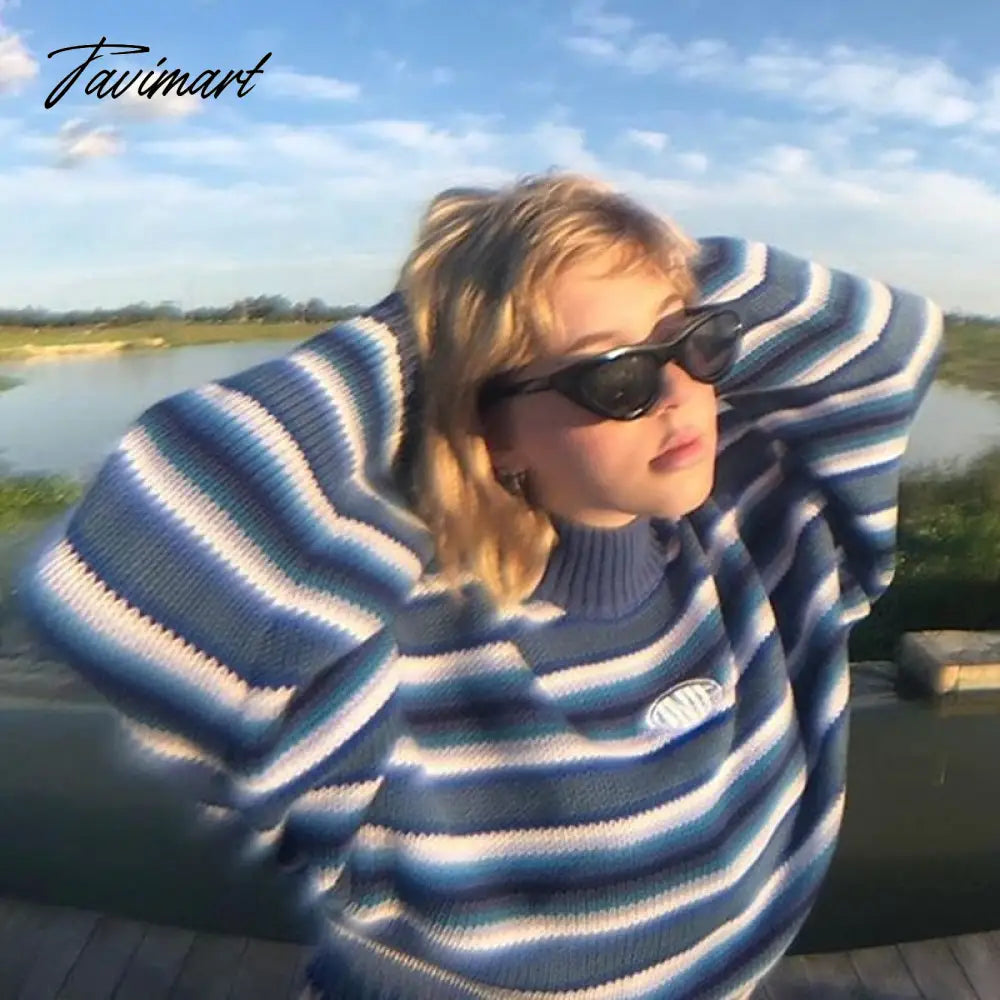 Clarissa Sweater Blue & White Striped Oversized Jumper Embroidered Mock Neck Cropped Pullovers Harajuku Women's Sweaters /
