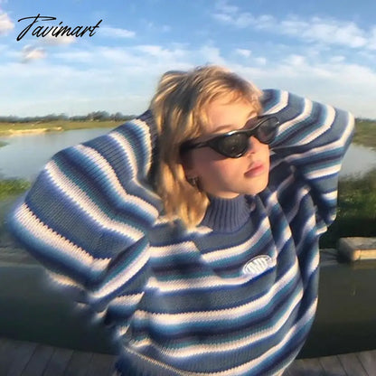 Clarissa Sweater Blue & White Striped Oversized Jumper Embroidered Mock Neck Cropped Pullovers Harajuku Women's Sweaters /