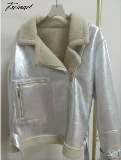 Classic Silver Faux Fur Lapel Collar Women's Jackets Fake Sheepskin Leather Warm Thick Coat Winter Jacket Faux Shearling Jacket