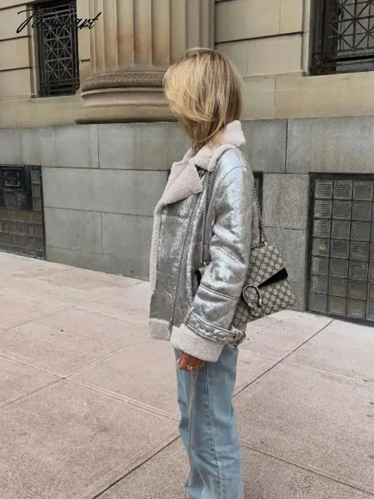 Classic Silver Faux Fur Lapel Collar Women's Jackets Fake Sheepskin Leather Warm Thick Coat Winter Jacket Faux Shearling Jacket