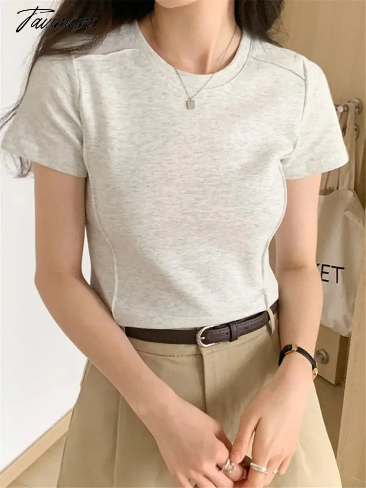 Cotton T-shirts for Women Summer Fashion Korean O-neck Short Sleeve Elegant Female Tops Casual Stretched Ladies Simple Tees
