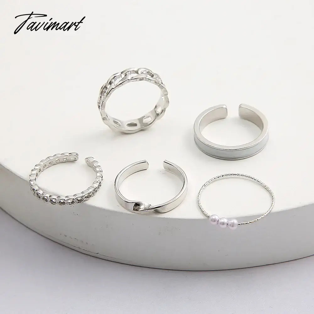 Creative Simple Oil Drop Pearl Rings for Women Silver Color Senior Chain Ring Combination Set Fashion Jewelry Gift