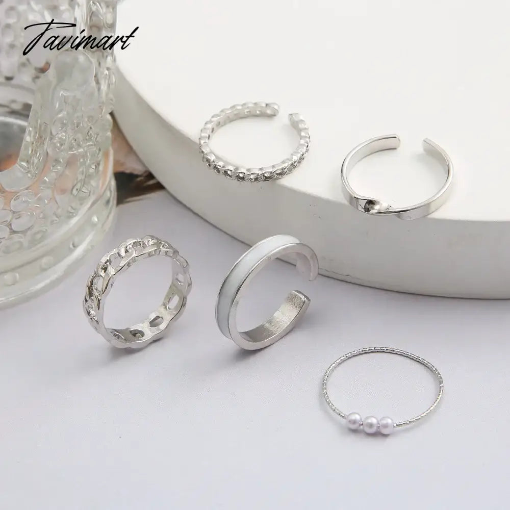 Creative Simple Oil Drop Pearl Rings for Women Silver Color Senior Chain Ring Combination Set Fashion Jewelry Gift