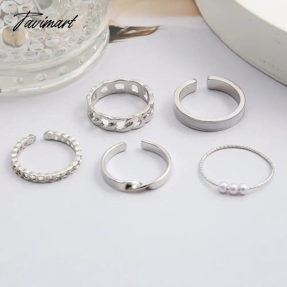 Creative Simple Oil Drop Pearl Rings for Women Silver Color Senior Chain Ring Combination Set Fashion Jewelry Gift