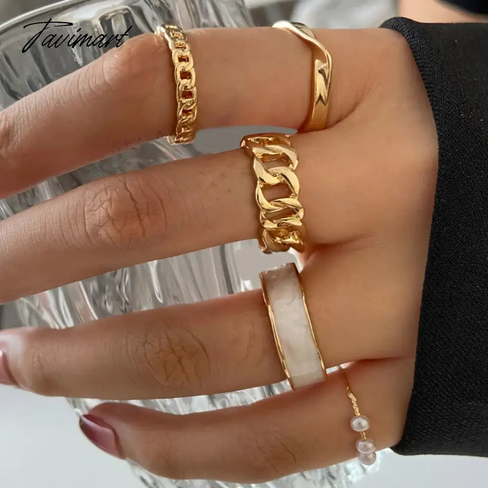 Creative Simple Oil Drop Pearl Rings for Women Silver Color Senior Chain Ring Combination Set Fashion Jewelry Gift