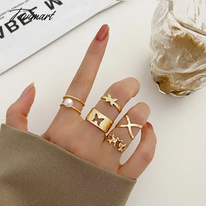 Creative Simple Oil Drop Pearl Rings for Women Silver Color Senior Chain Ring Combination Set Fashion Jewelry Gift