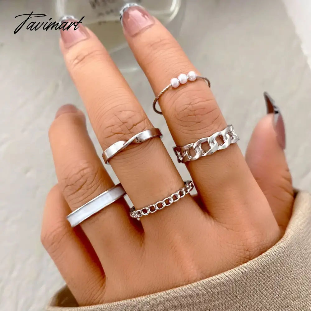 Creative Simple Oil Drop Pearl Rings for Women Silver Color Senior Chain Ring Combination Set Fashion Jewelry Gift