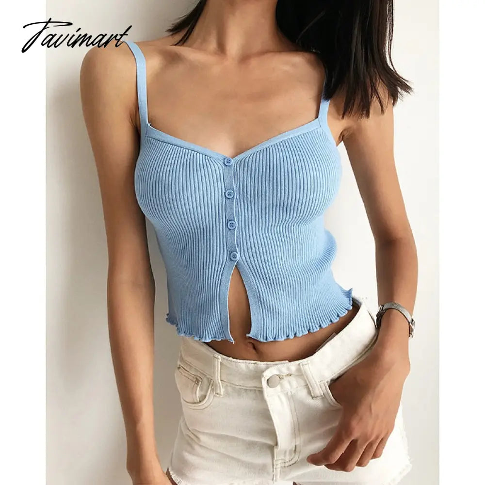 Crop Top Women Clothing Summer Holiday Knitted Split Single breasted Solid Color Sexy Strap Tank Top