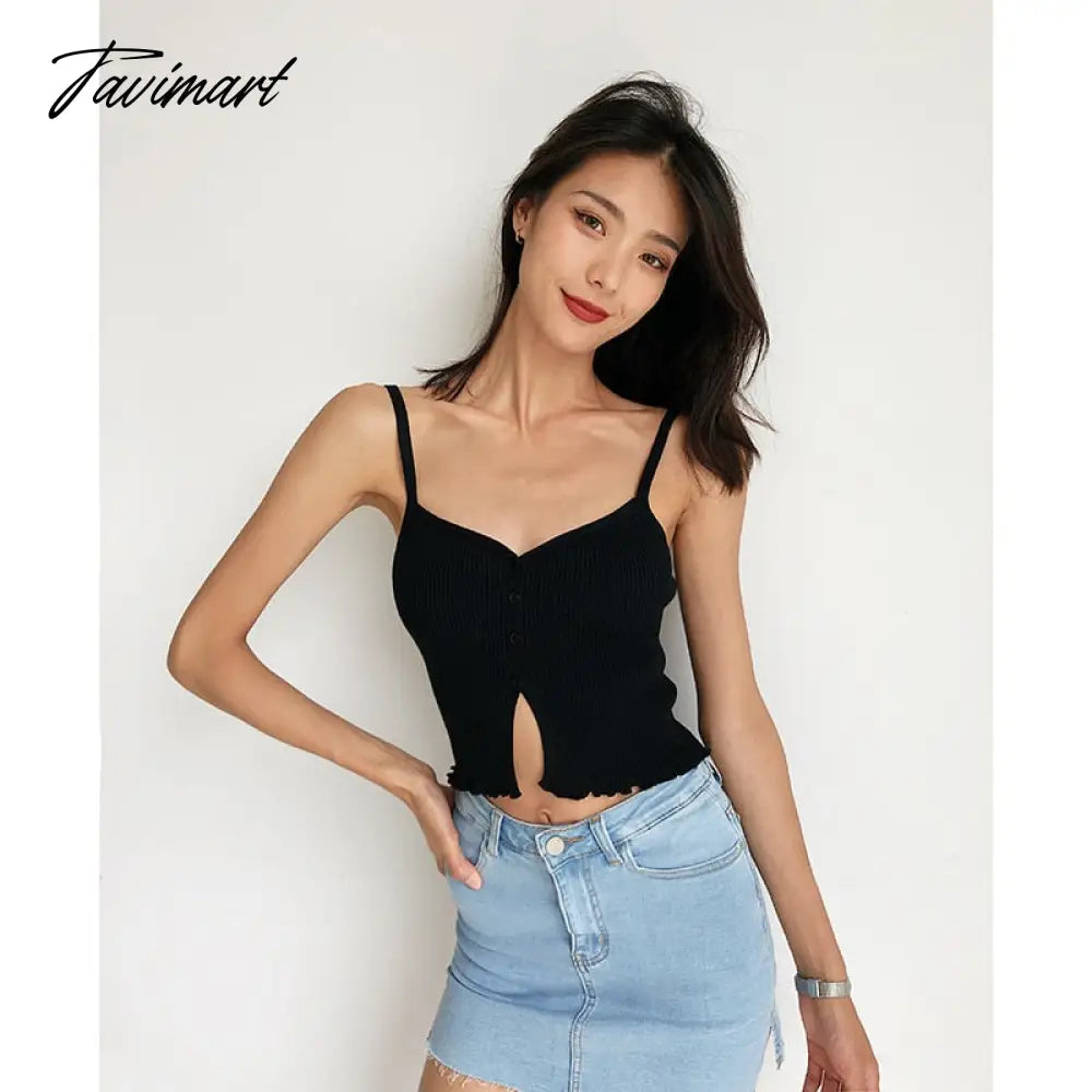 Crop Top Women Clothing Summer Holiday Knitted Split Single breasted Solid Color Sexy Strap Tank Top