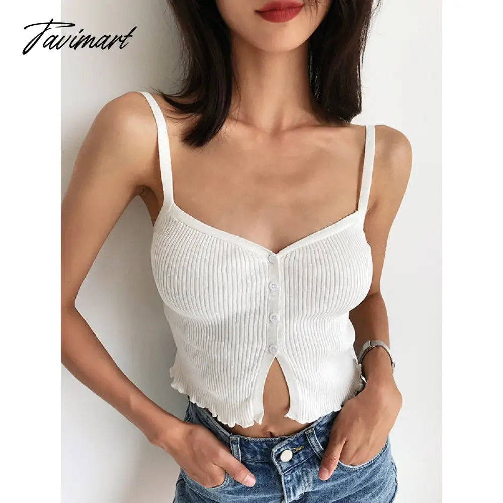 Crop Top Women Clothing Summer Holiday Knitted Split Single breasted Solid Color Sexy Strap Tank Top