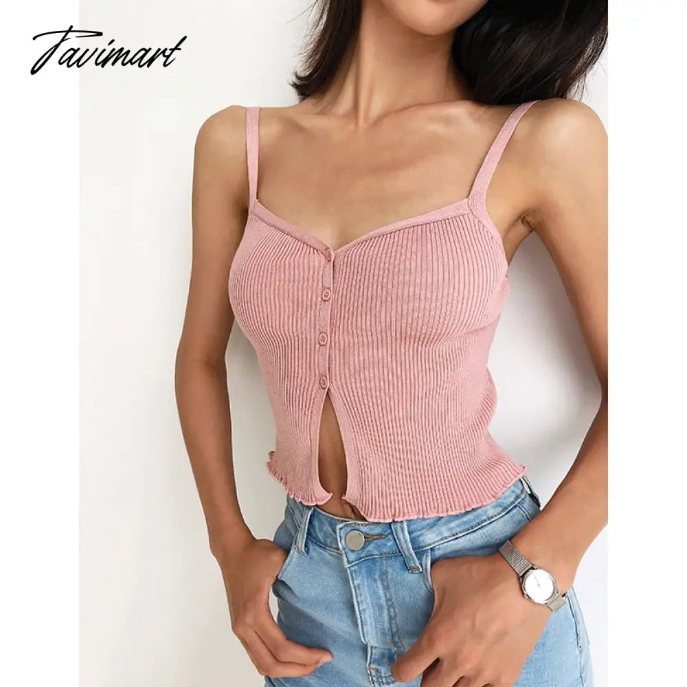 Crop Top Women Clothing Summer Holiday Knitted Split Single breasted Solid Color Sexy Strap Tank Top