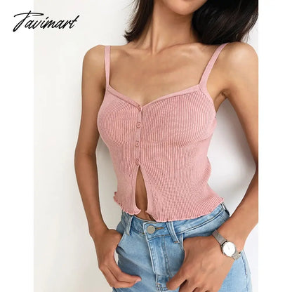 Crop Top Women Clothing Summer Holiday Knitted Split Single breasted Solid Color Sexy Strap Tank Top