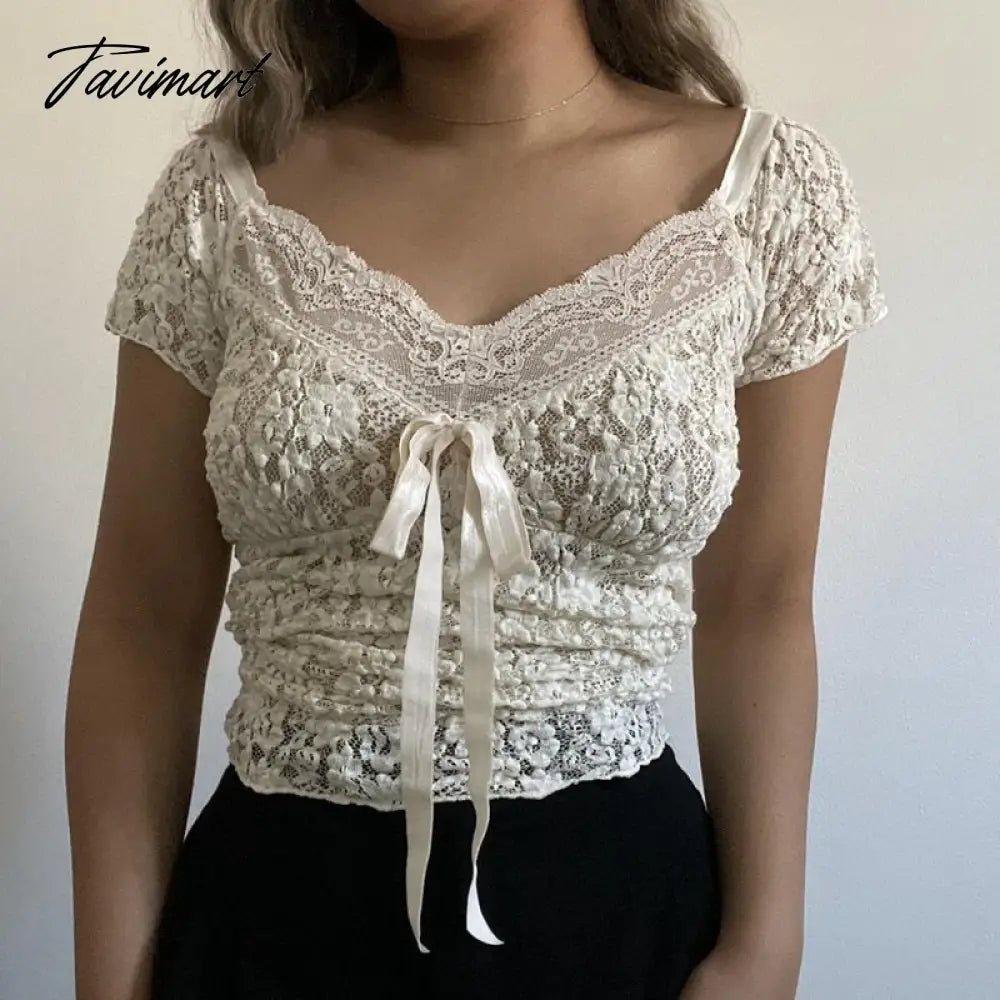 Cute Bow V Neck Short Sleeve Slim Fit Basic Tees Chic Women Y2K Vintage Crop Tops Feminino Fairy Floral Lace Tshirt