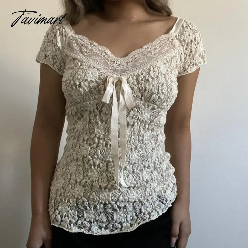 Cute Bow V Neck Short Sleeve Slim Fit Basic Tees Chic Women Y2K Vintage Crop Tops Feminino Fairy Floral Lace Tshirt