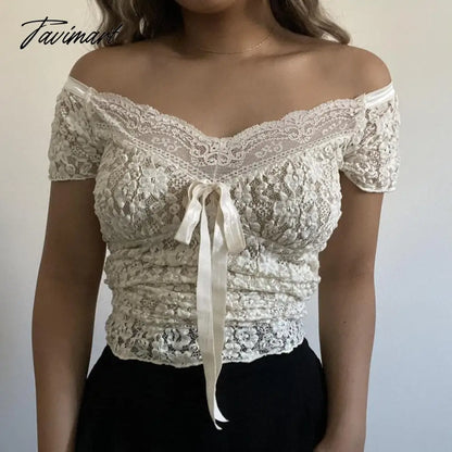 Cute Bow V Neck Short Sleeve Slim Fit Basic Tees Chic Women Y2K Vintage Crop Tops Feminino Fairy Floral Lace Tshirt