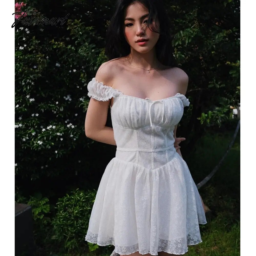 Cute Elegant Slim White Dress Women Summer Sexy Lace Patchwork Off Shoulder Short Sleeve Backless Mini Dress Mori Girl
