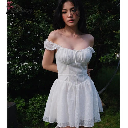 Cute Elegant Slim White Dress Women Summer Sexy Lace Patchwork Off Shoulder Short Sleeve Backless Mini Dress Mori Girl