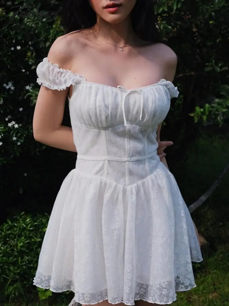 Cute Elegant Slim White Dress Women Summer Sexy Lace Patchwork Off Shoulder Short Sleeve Backless Mini Dress Mori Girl