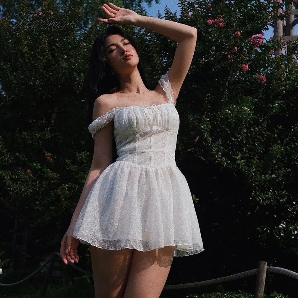 Cute Elegant Slim White Dress Women Summer Sexy Lace Patchwork Off Shoulder Short Sleeve Backless Mini Dress Mori Girl