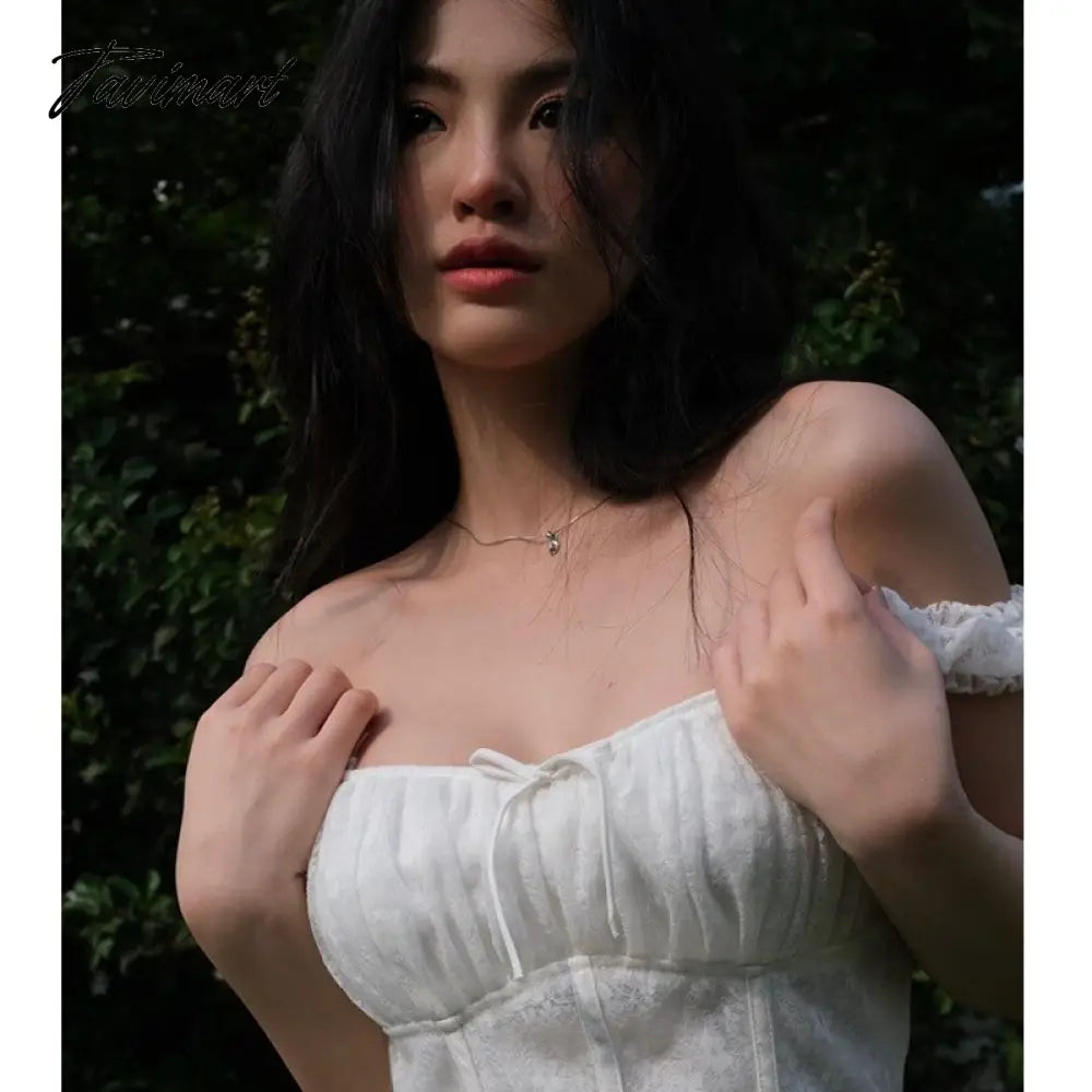 Cute Elegant Slim White Dress Women Summer Sexy Lace Patchwork Off Shoulder Short Sleeve Backless Mini Dress Mori Girl