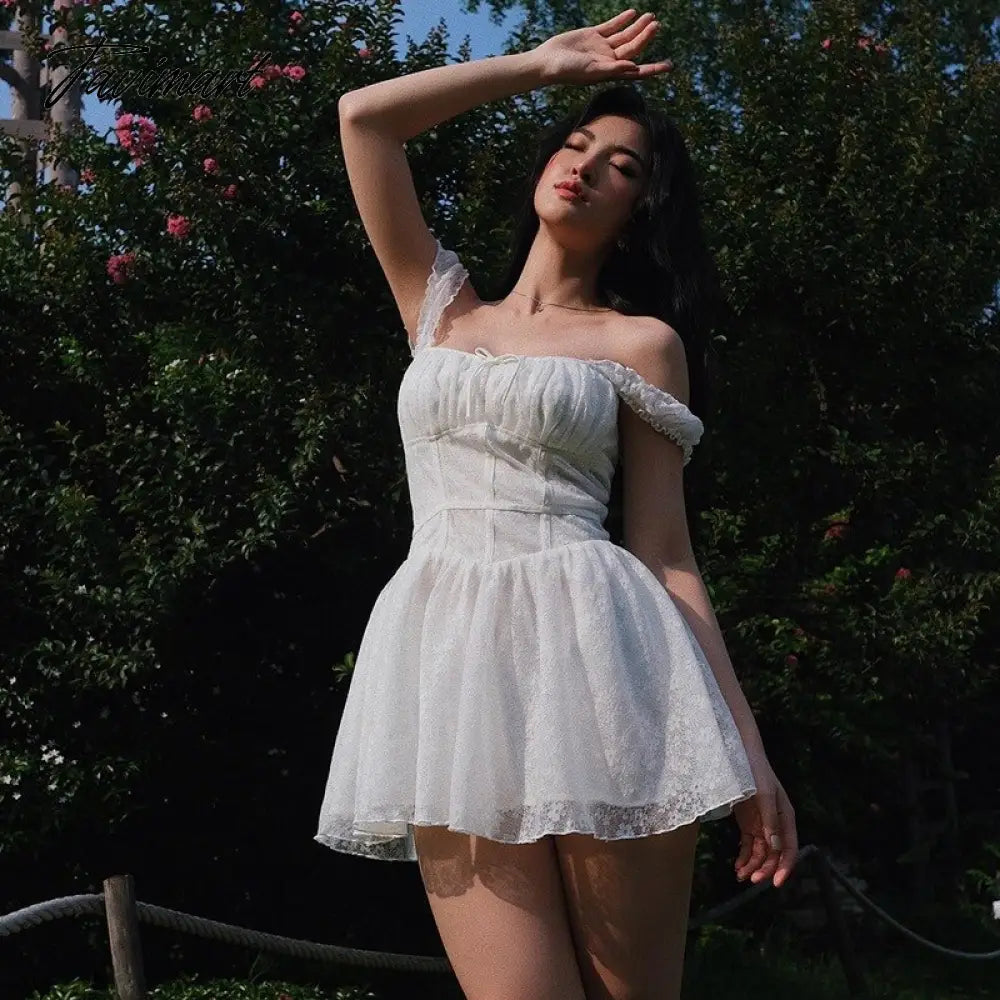Cute Elegant Slim White Dress Women Summer Sexy Lace Patchwork Off Shoulder Short Sleeve Backless Mini Dress Mori Girl