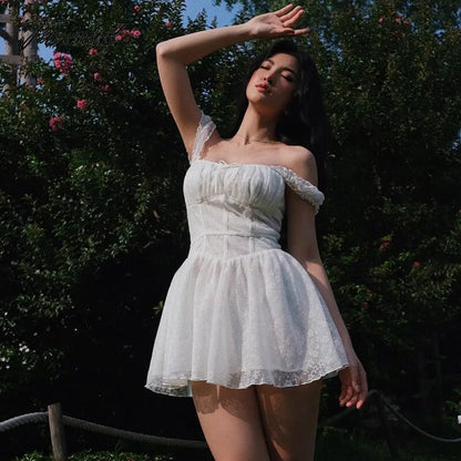 Cute Elegant Slim White Dress Women Summer Sexy Lace Patchwork Off Shoulder Short Sleeve Backless Mini Dress Mori Girl