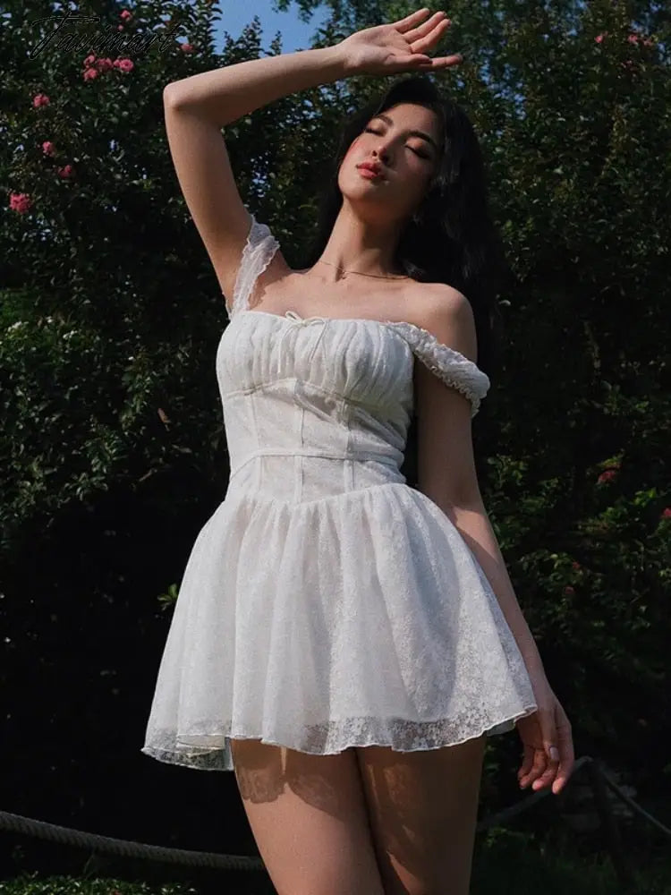 Cute Elegant Slim White Dress Women Summer Sexy Lace Patchwork Off Shoulder Short Sleeve Backless Mini Dress Mori Girl