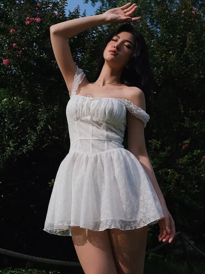 Cute Elegant Slim White Dress Women Summer Sexy Lace Patchwork Off Shoulder Short Sleeve Backless Mini Dress Mori Girl