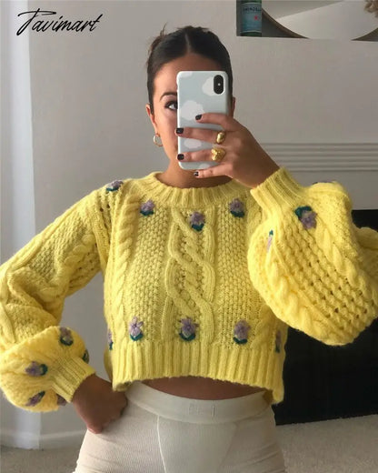 Cute Lemon Yellow Cropped Sweaters Woman Boxy Sweater Lantern Sleeve Cropped Knitted O-Neck Pullover Tops Street Wear Autumn