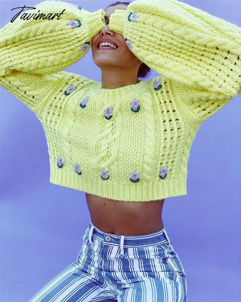 Cute Lemon Yellow Cropped Sweaters Woman Boxy Sweater Lantern Sleeve Cropped Knitted O-Neck Pullover Tops Street Wear Autumn